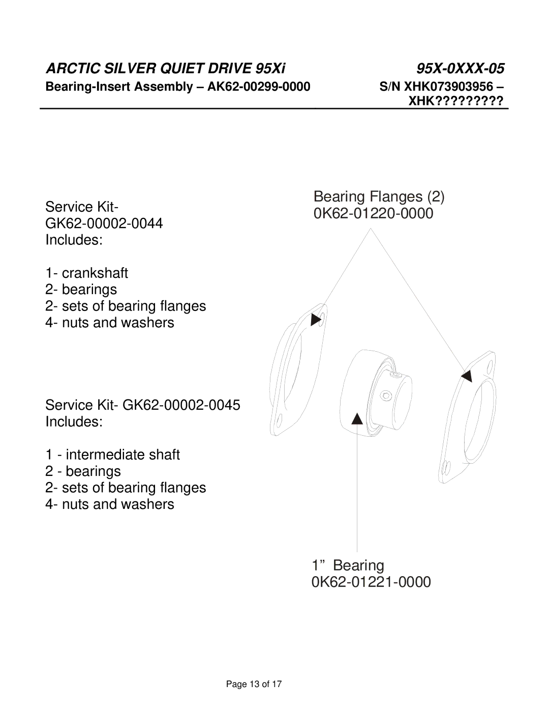 Life Fitness 95X-0XXX-05 manual Bearing Flanges 2 0K62-01220-0000 0K62-01221-0000 