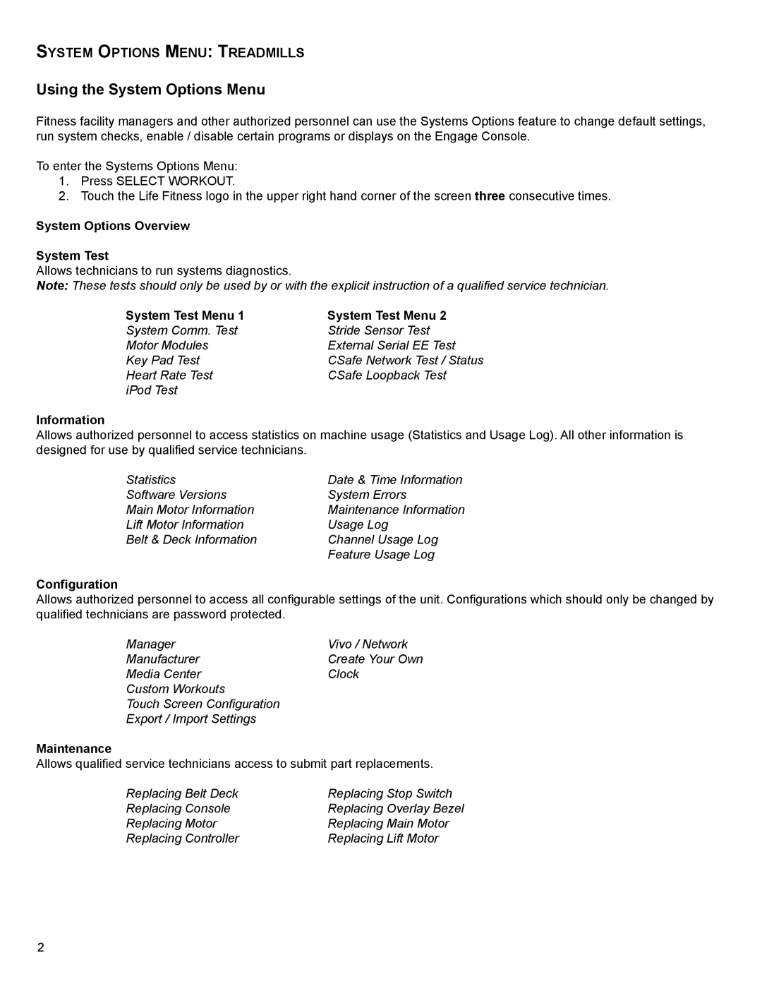 Life Fitness 95R, 95X, 97C SySTEM OPTiOnS MEnu TrEADMiLLS, System Options Overview System Test, Information, Configuration 