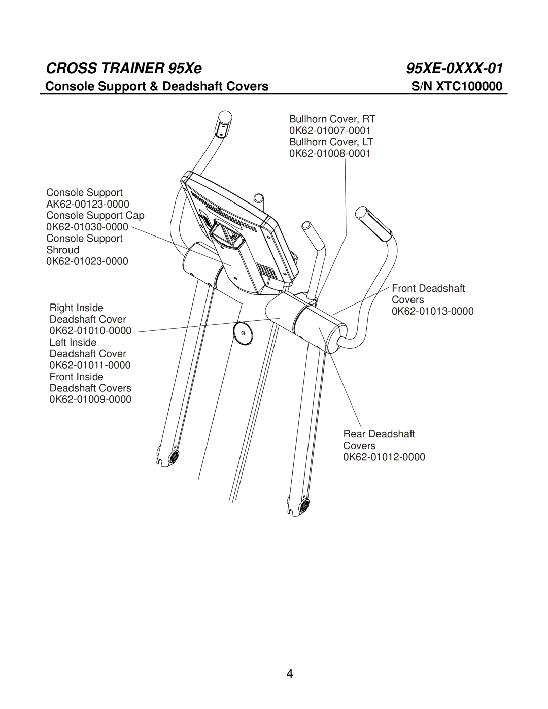 Life Fitness 95XE-0XXX-01 manual Console Support & Deadshaft Covers XTC100000 