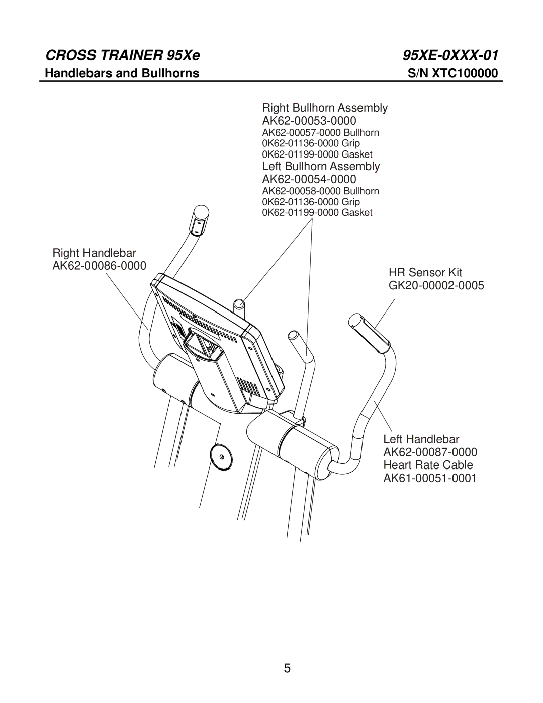 Life Fitness 95XE-0XXX-01 manual Handlebars and Bullhorns XTC100000 