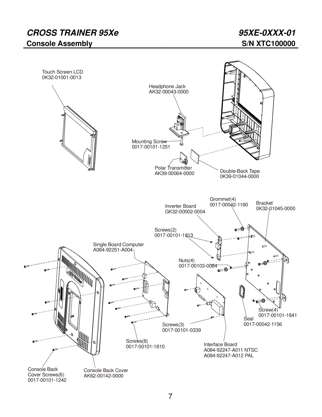 Life Fitness 95XE-0XXX-01 manual Console Assembly XTC100000 