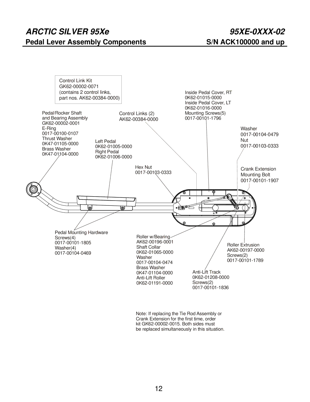 Life Fitness 95XE-0XXX-02 manual Pedal Lever Assembly Components, Control Links AK62-00384-0000 