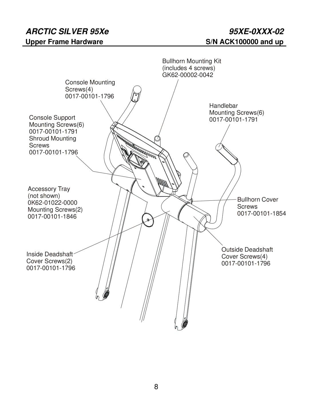 Life Fitness 95XE-0XXX-02 manual Upper Frame Hardware 