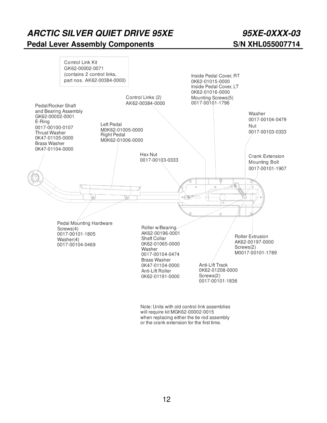 Life Fitness 95Xe-0XXX-03 manual Pedal Lever Assembly Components XHL055007714 