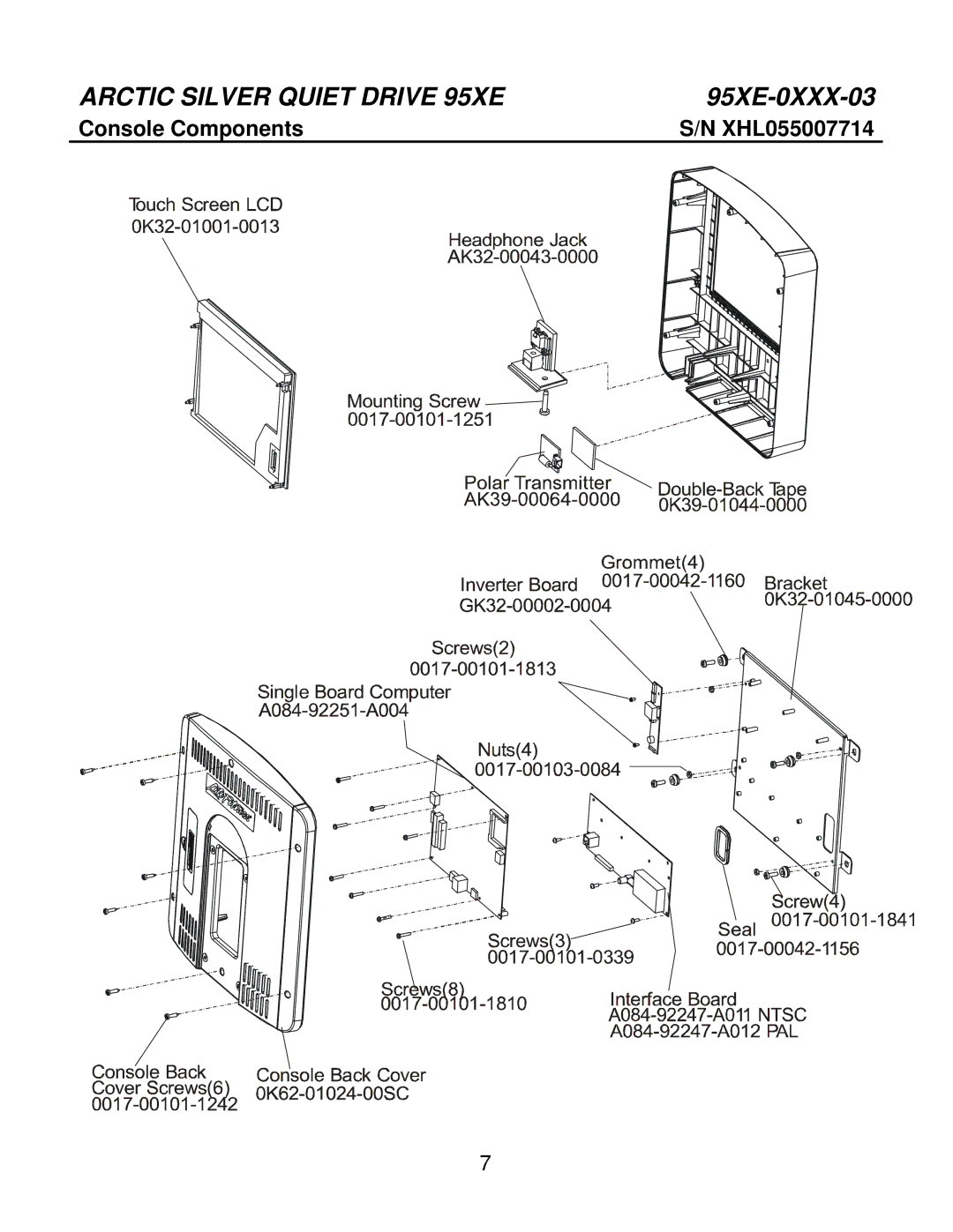 Life Fitness 95Xe-0XXX-03 manual Console Components XHL055007714 