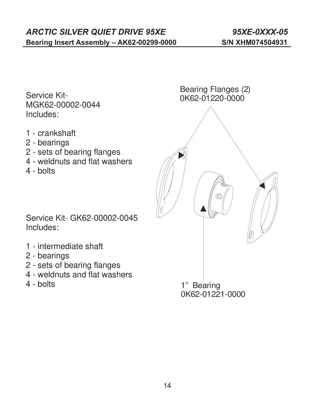 Life Fitness 95Xe-0XXX-05 manual Bearing Insert Assembly AK62-00299-0000 