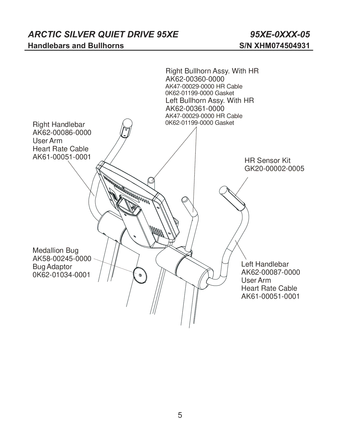 Life Fitness 95Xe-0XXX-05 manual Arctic Silver Quiet Drive 95XE, Handlebars and Bullhorns 