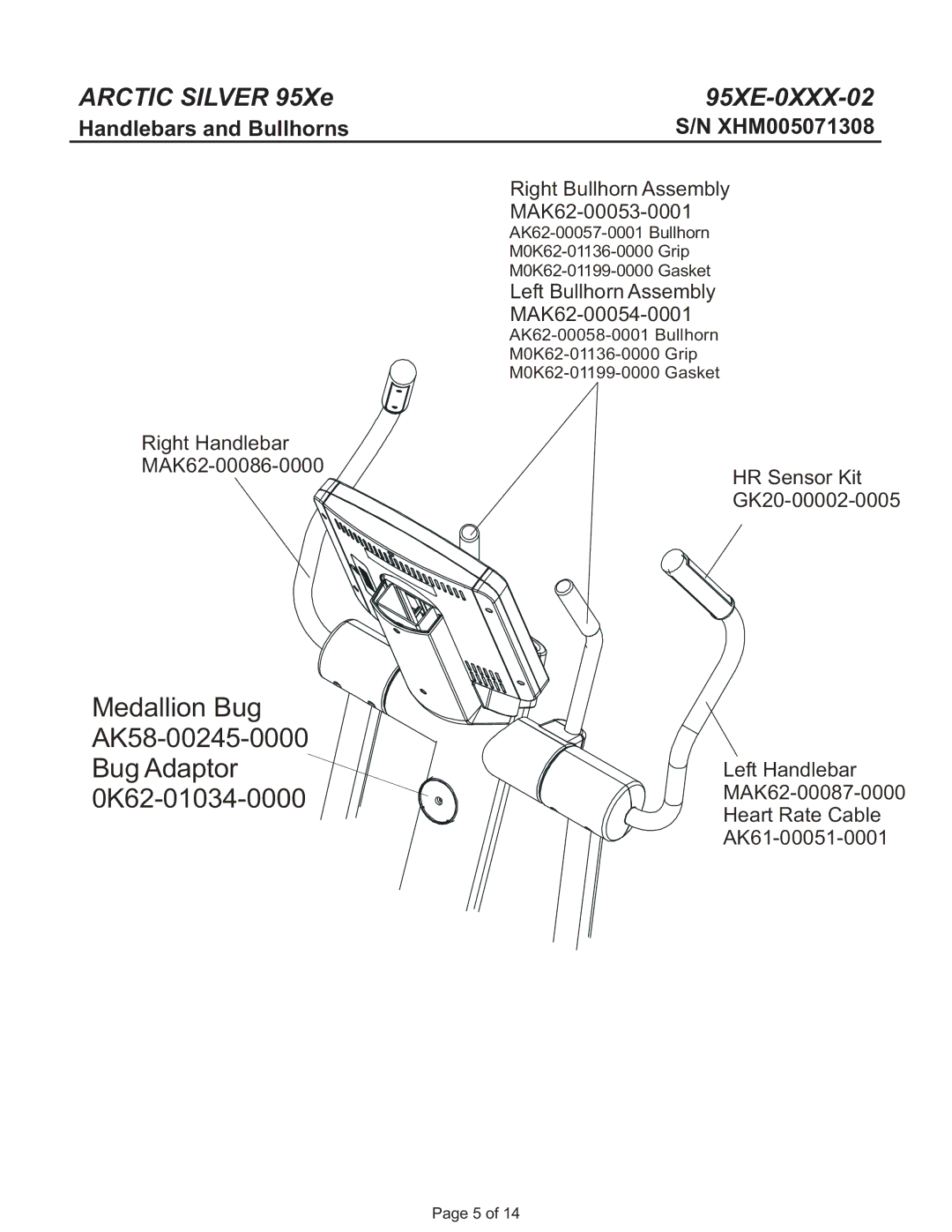 Life Fitness 95Xe manual Handlebars and Bullhorns, XHM005071308 