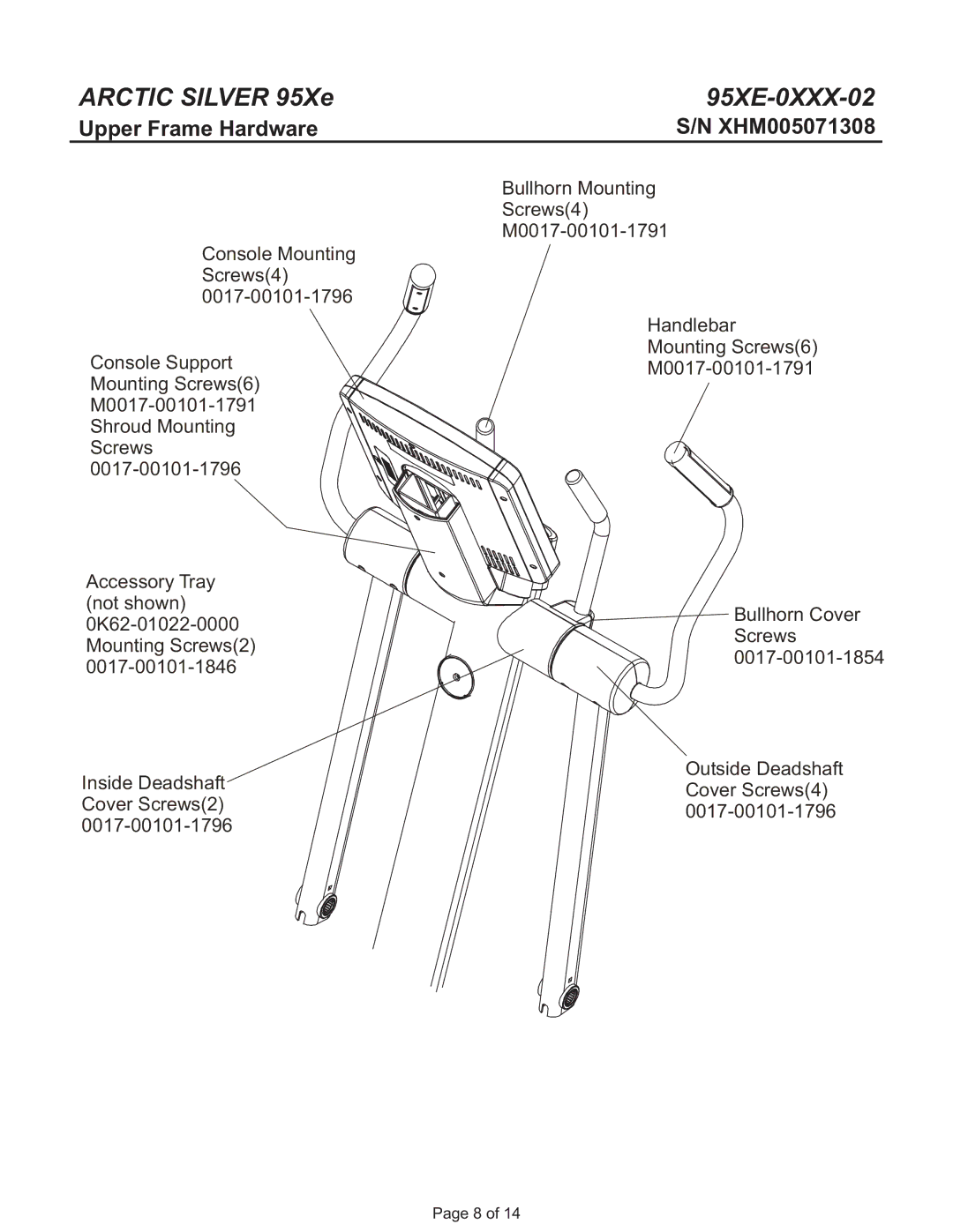 Life Fitness 95Xe manual Upper Frame Hardware, XHM005071308 