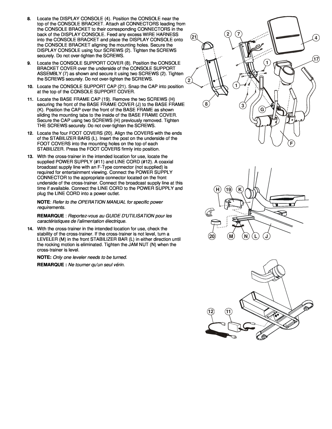 Life Fitness 95Xe manual G F H 19 K 20 M N L J, NOTE Refer to the OPERATION MANUAL for specific power requirements 