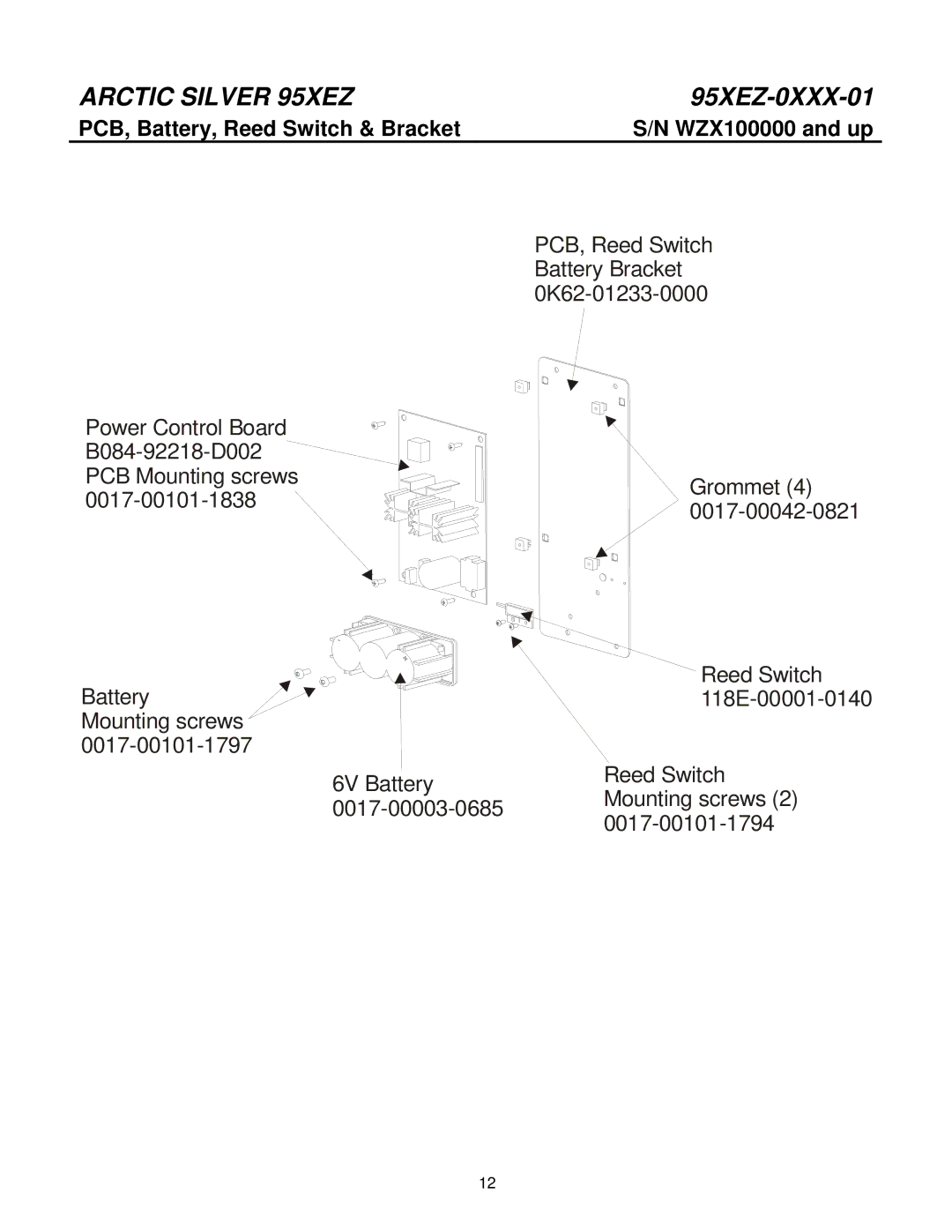 Life Fitness 95XEZ-0XXX-01 manual PCB, Battery, Reed Switch & Bracket 