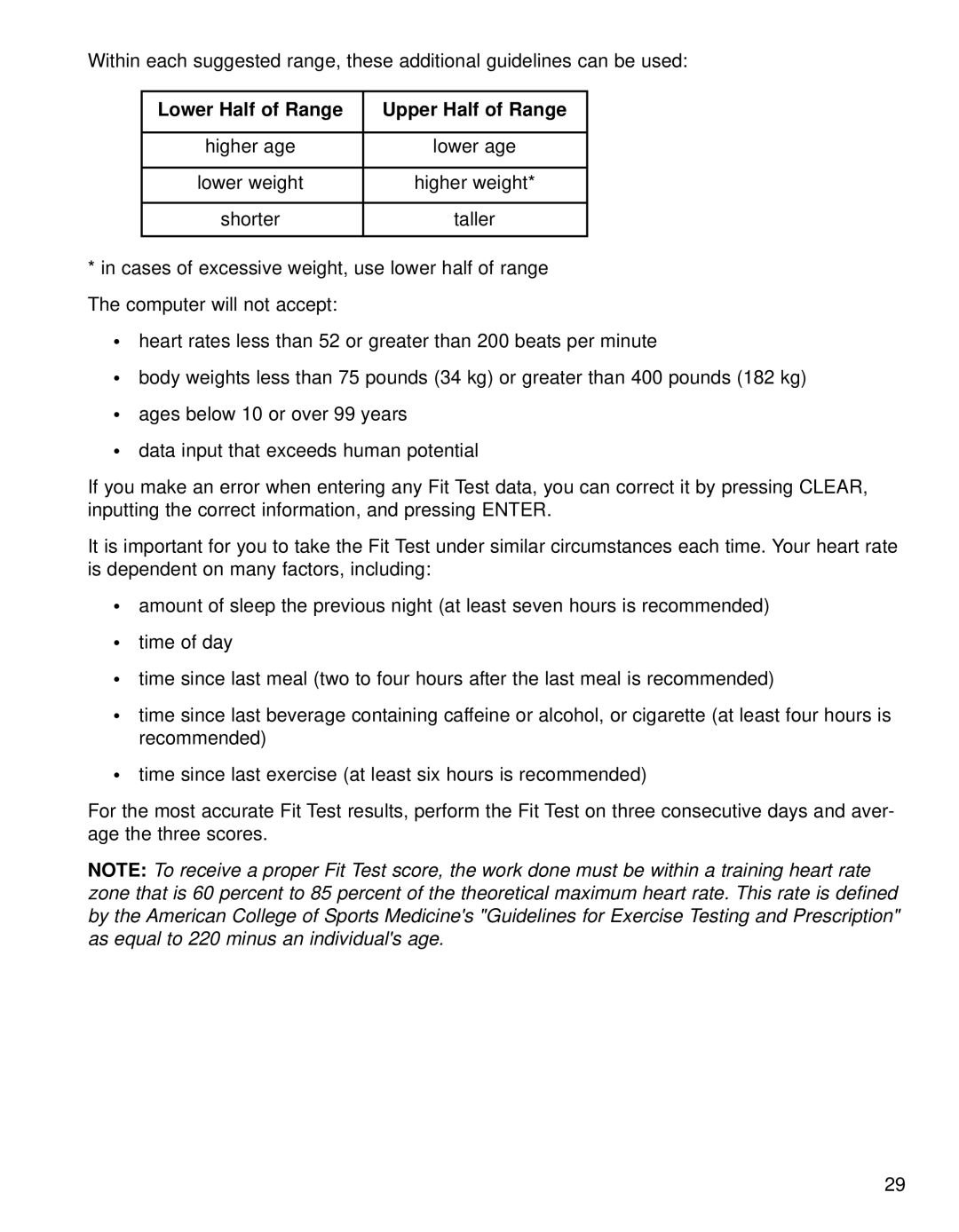 Life Fitness 95XI operation manual Lower Half of Range Upper Half of Range 