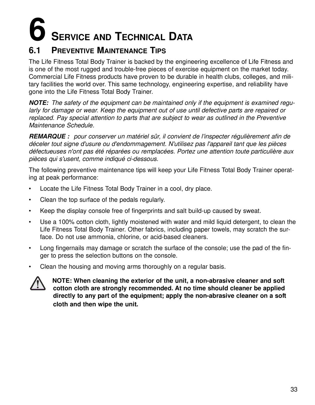 Life Fitness 95XI operation manual Service and Technical Data, Preventive Maintenance Tips 