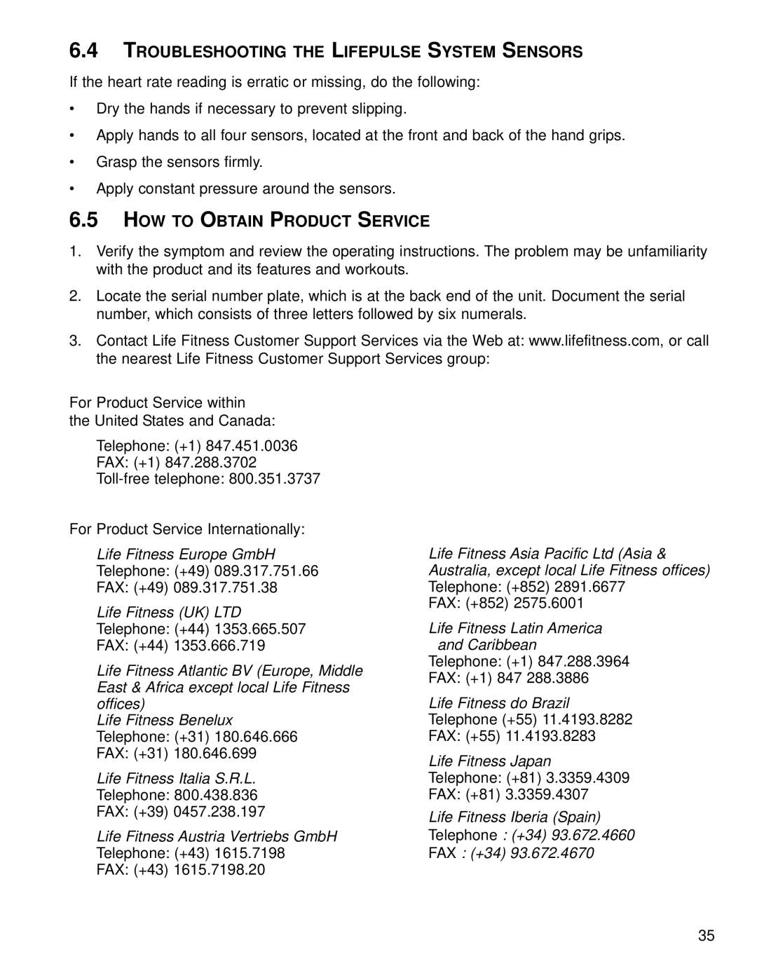 Life Fitness 95XI operation manual Troubleshooting the Lifepulse System Sensors, HOW to Obtain Product Service 