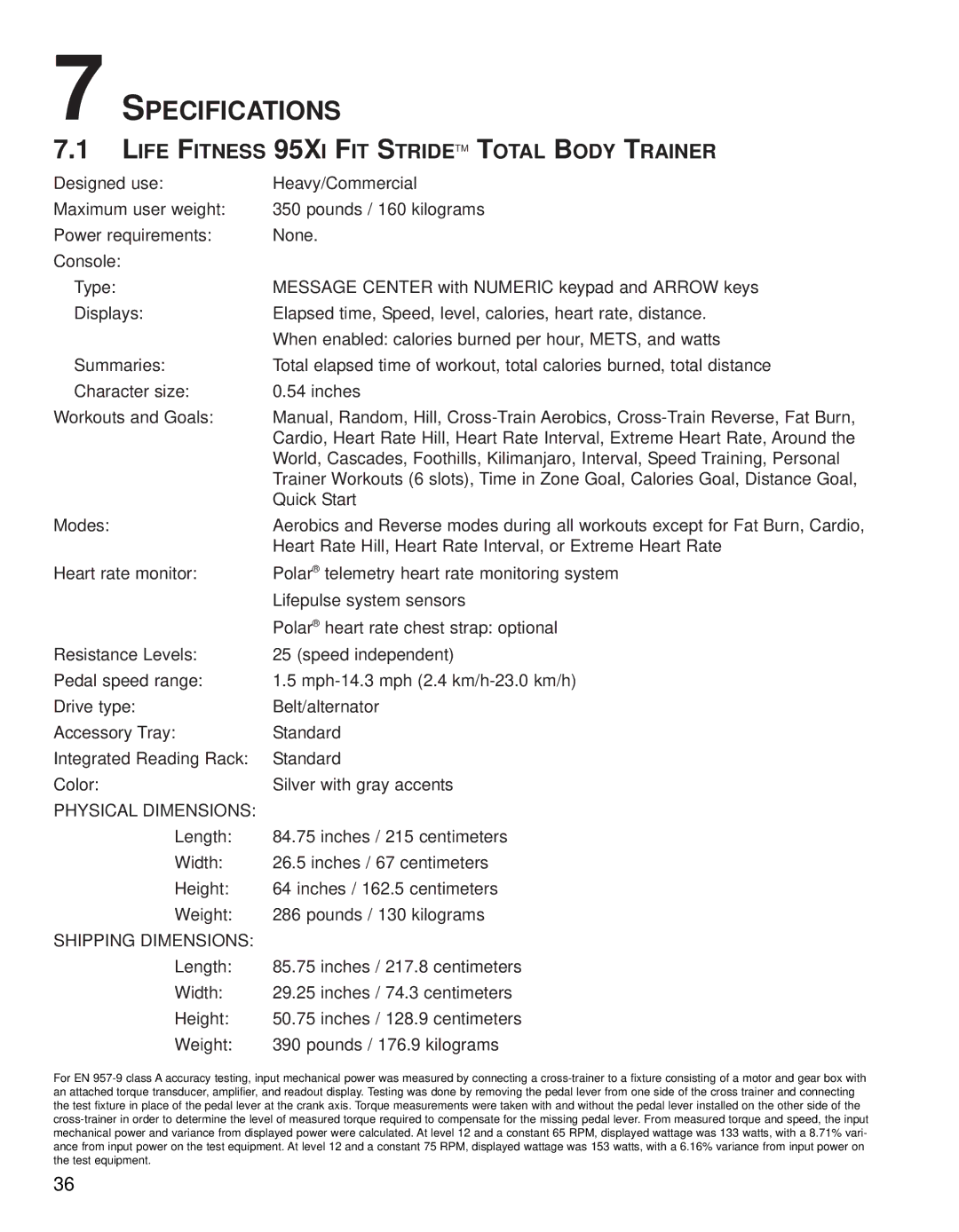 Life Fitness operation manual Specifications, Life Fitness 95XI FIT Stridetm Total Body Trainer 