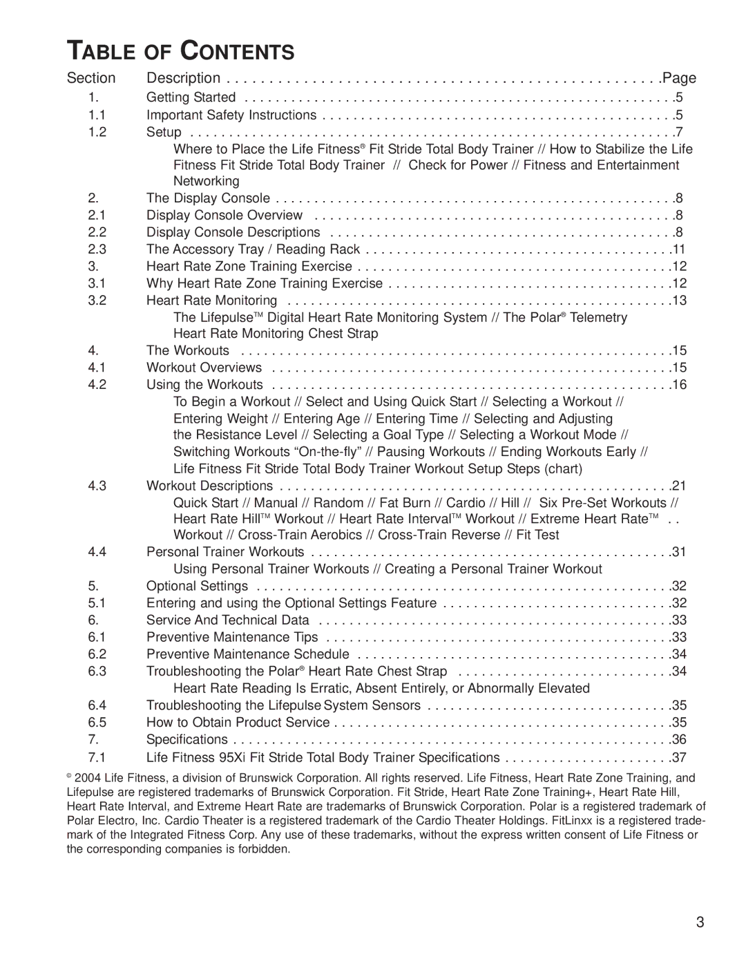 Life Fitness 95XI operation manual Table of Contents 