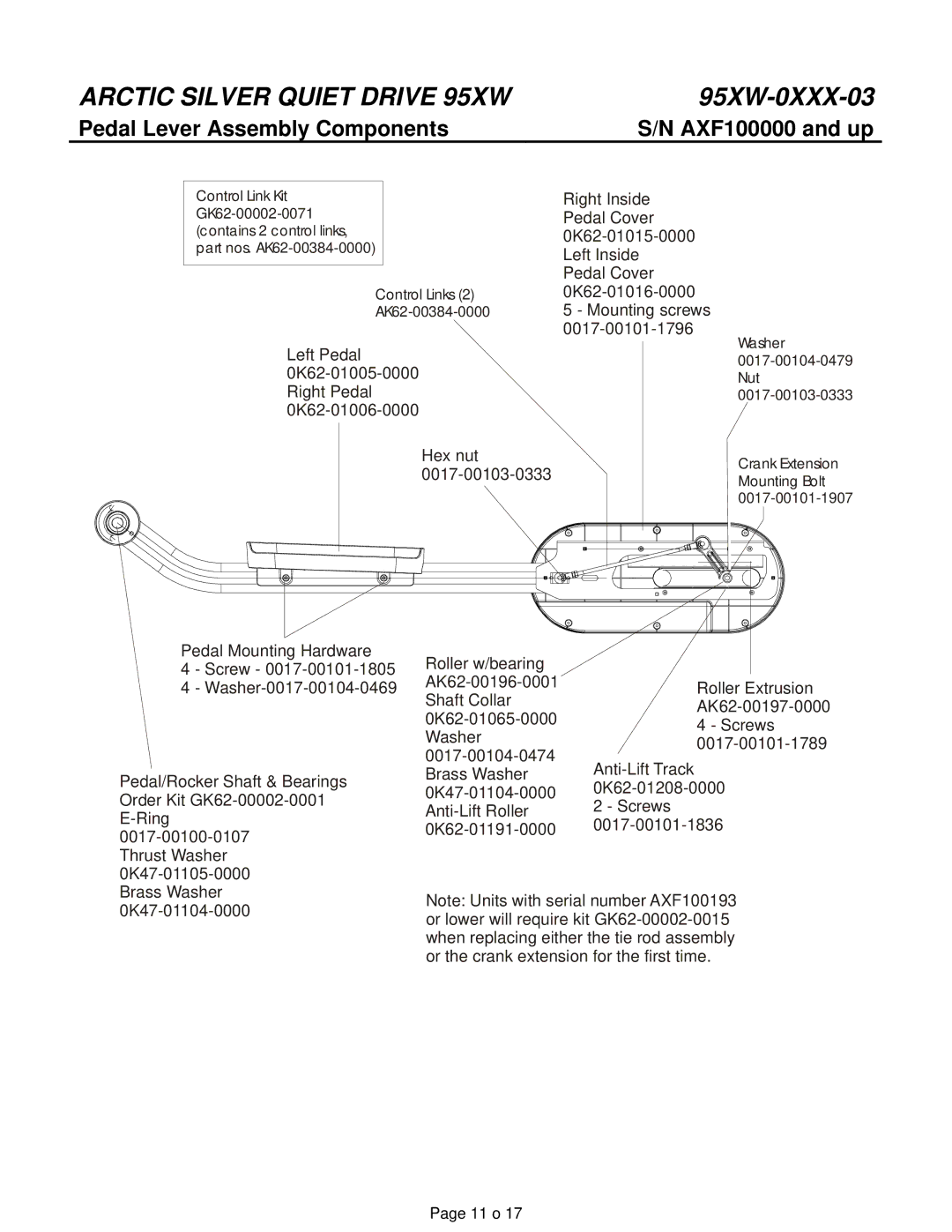 Life Fitness 95XW-0XXX-03 manual Pedal Lever Assembly Components 