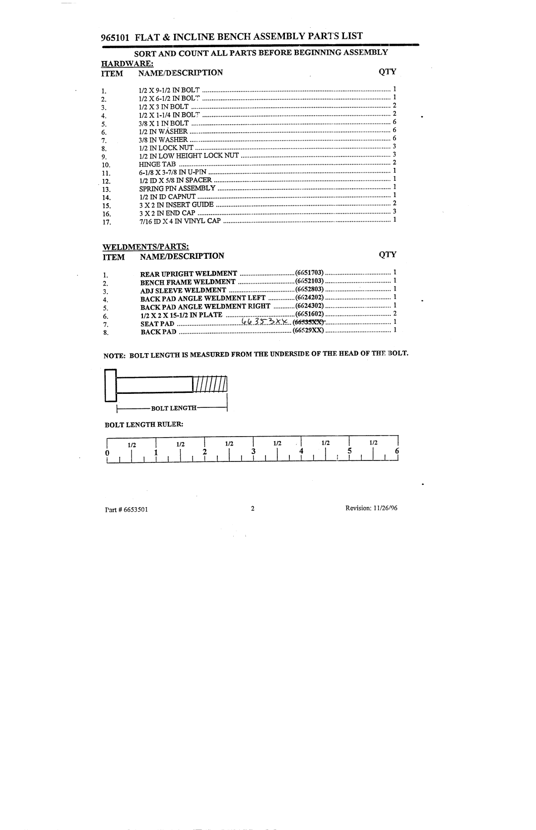 Life Fitness 965101 manual Flat & Incline Bench Assembly Parts List 