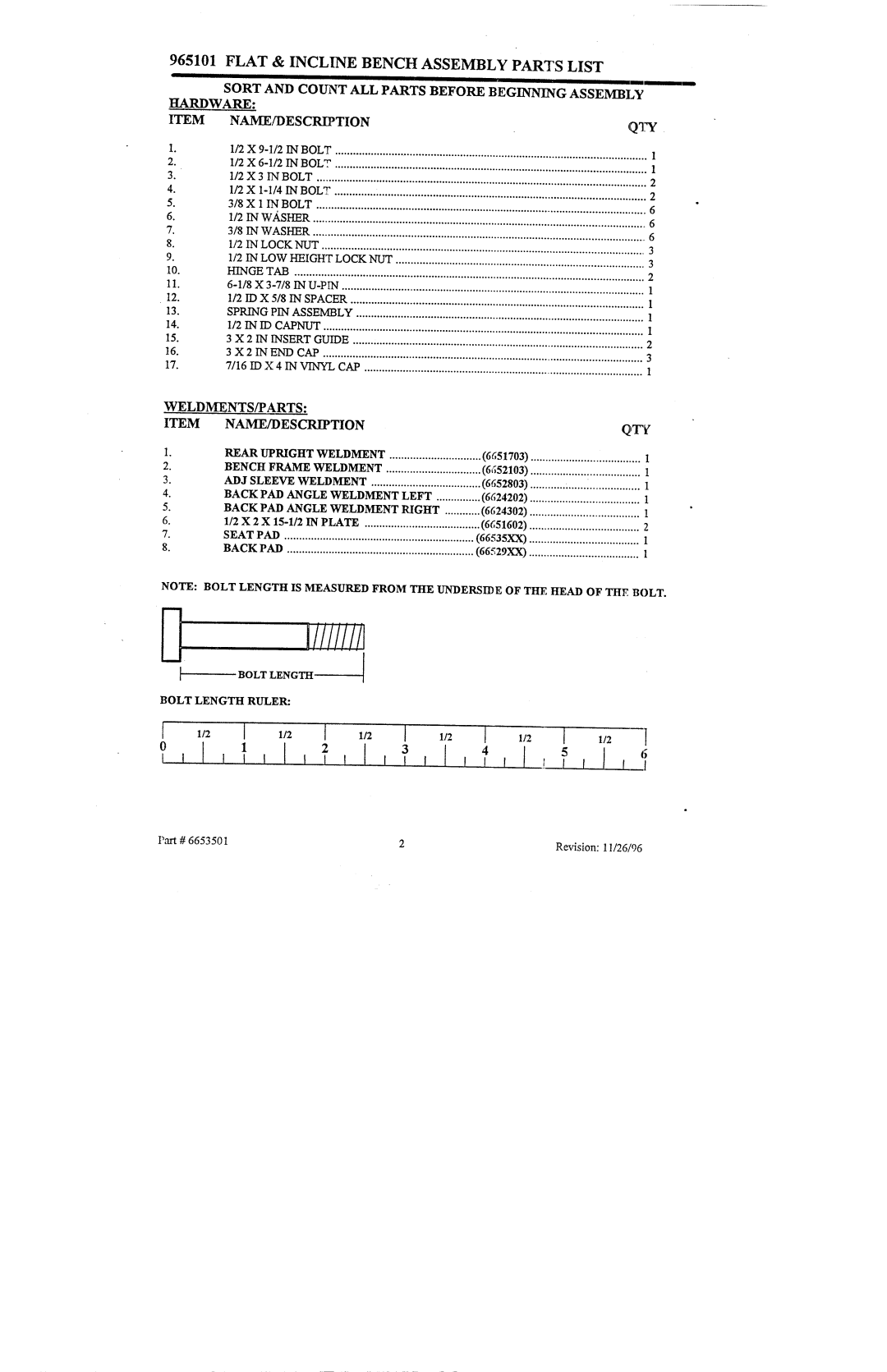 Life Fitness 965101 manual 2INLOWr~.LOCr~r, Flat & Incline Bench Assemblyparts List 