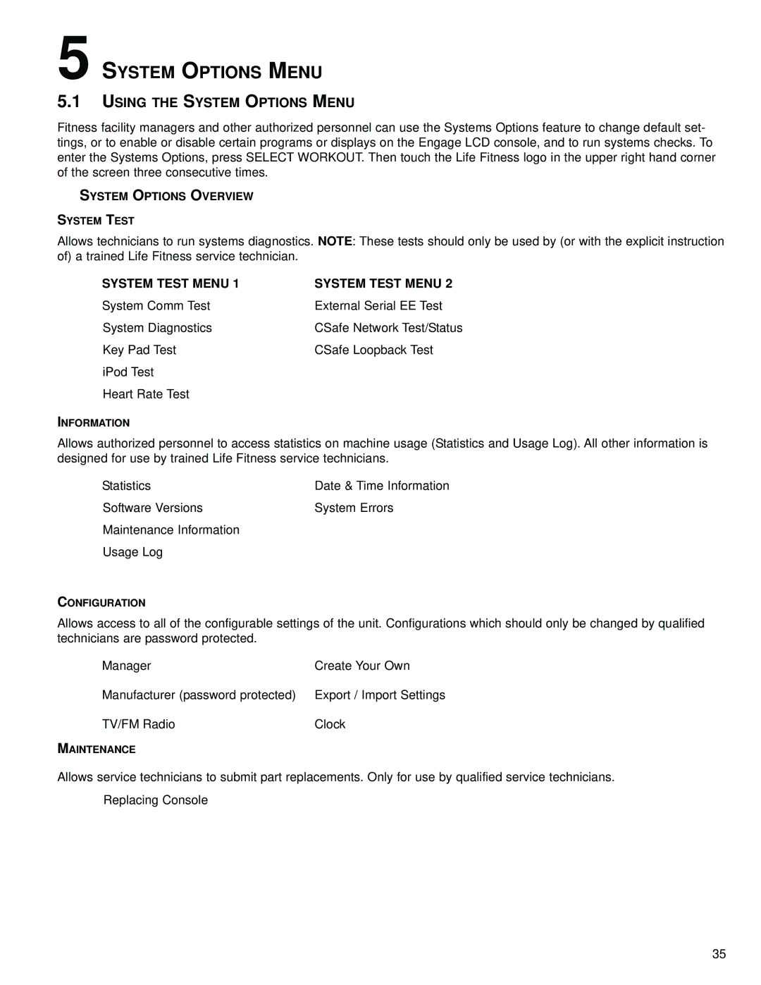 Life Fitness 97C, 95R operation manual Using the System Options Menu, System Test Menu 