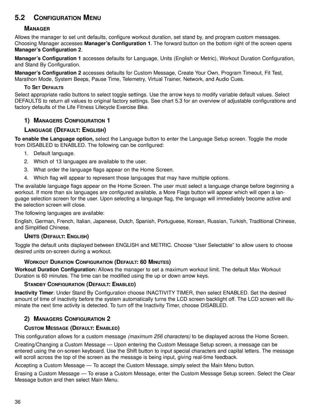 Life Fitness 95R, 97C operation manual Configuration Menu 