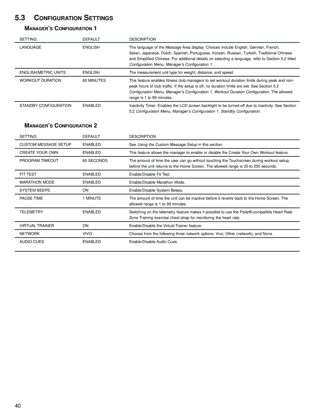 Life Fitness 95R, 97C operation manual Configuration Settings, Setting Default Description Language English 