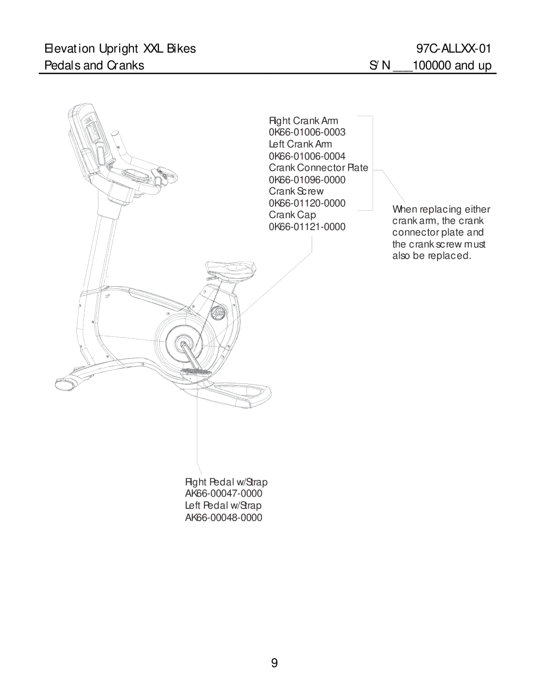 Life Fitness manual Elevation Upright XXL Bikes 97C-ALLXX-01 Pedals and Cranks 