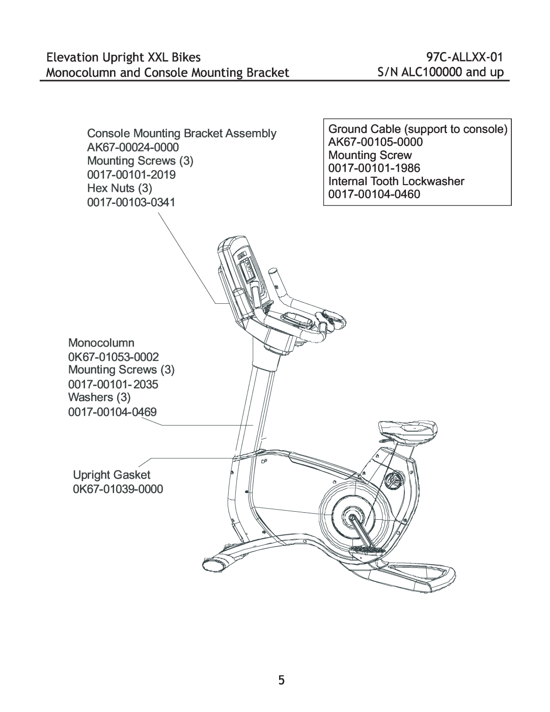 Life Fitness 97C-ALLXX-01 manual Elevation Upright XXL Bikes Monocolumn and Console Mounting Bracket 