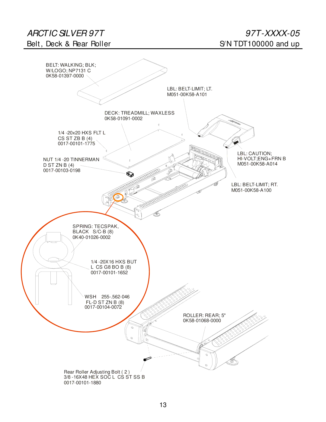 Life Fitness 97T manual Belt, Deck & Rear Roller, LBL Caution HI-VOLTENG+FRN B M051-00K58-A014 