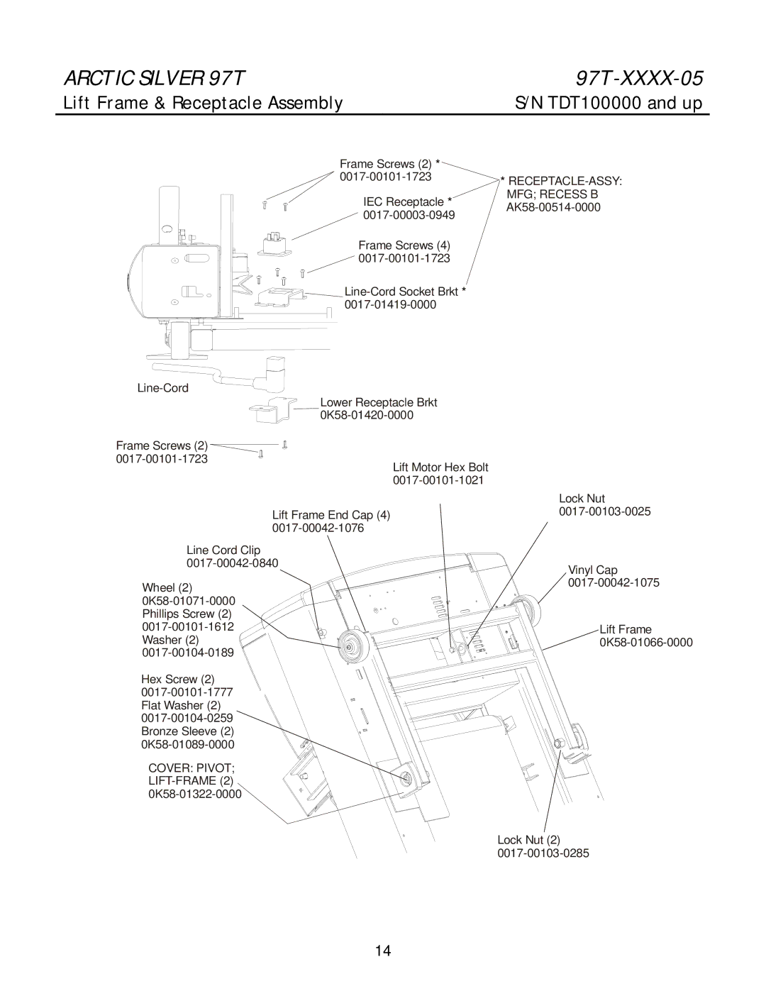 Life Fitness 97T manual Lift Frame & Receptacle Assembly, RECEPTACLE-ASSY MFG Recess B AK58-00514-0000 