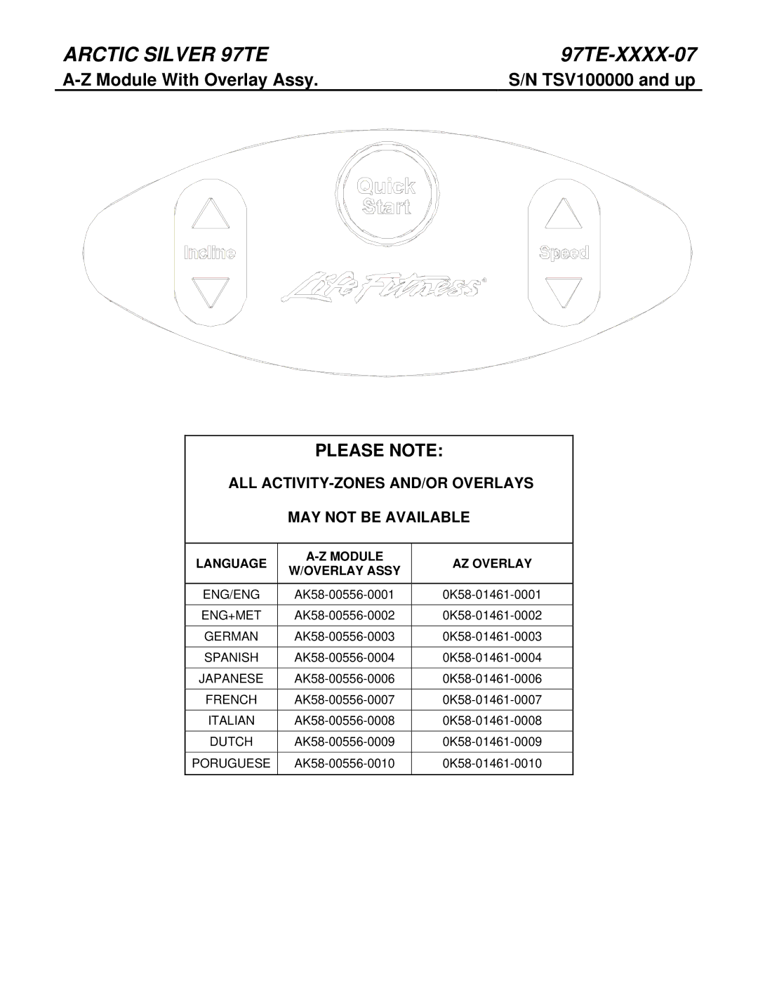 Life Fitness 97TE-XXXX-07 manual Module With Overlay Assy TSV100000 and up, Please Note 