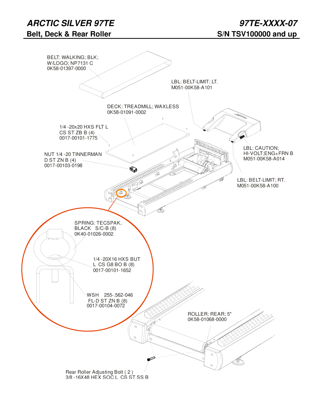 Life Fitness 97TE-XXXX-07 manual Belt, Deck & Rear Roller, LBL Caution HI-VOLTENG+FRN B M051-00K58-A014 