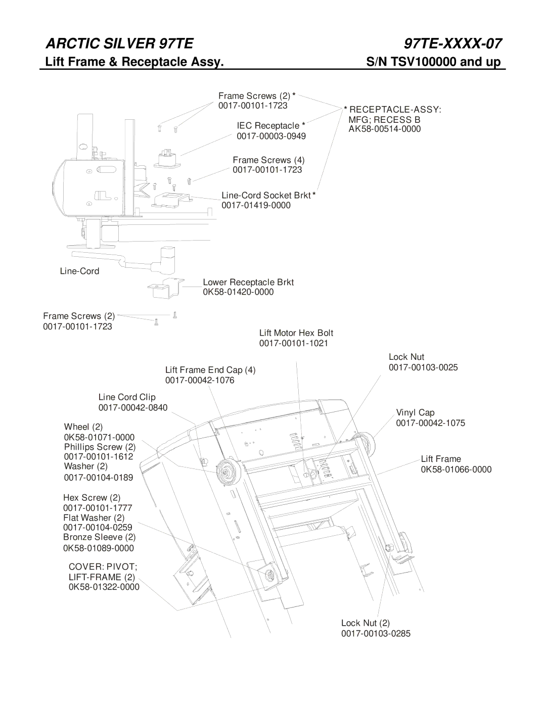 Life Fitness 97TE-XXXX-07 manual Lift Frame & Receptacle Assy, RECEPTACLE-ASSY MFG Recess B AK58-00514-0000 