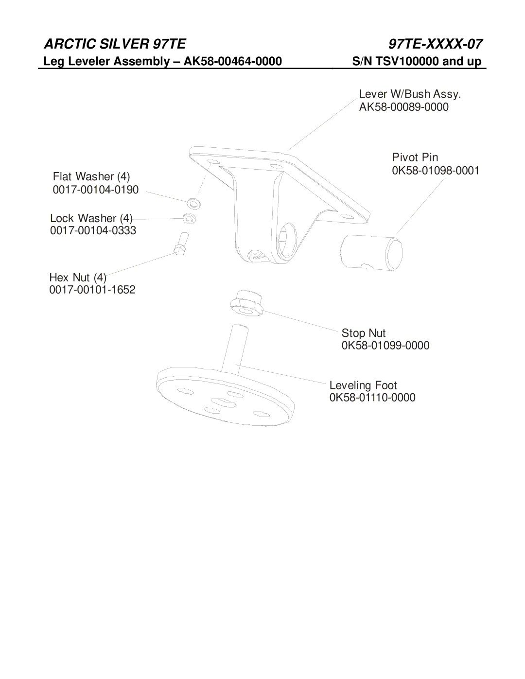 Life Fitness 97TE-XXXX-07 manual Leg Leveler Assembly AK58-00464-0000, TSV100000 and up 