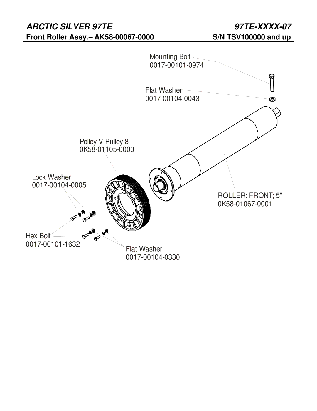 Life Fitness 97TE-XXXX-07 manual Front Roller Assy.- AK58-00067-0000 TSV100000 and up 