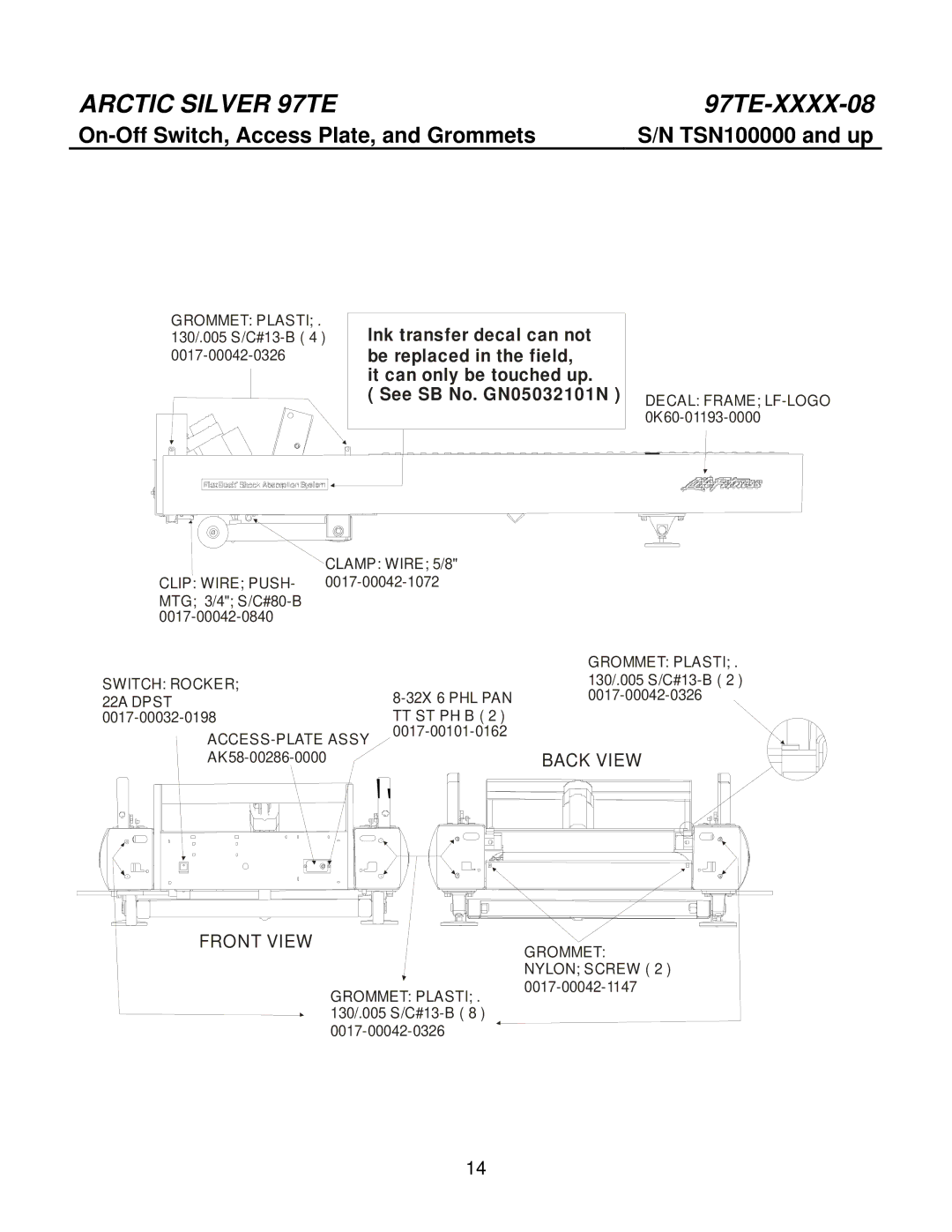 Life Fitness 97TE-XXXX-08 manual On-Off Switch, Access Plate, and Grommets TSN100000 and up 