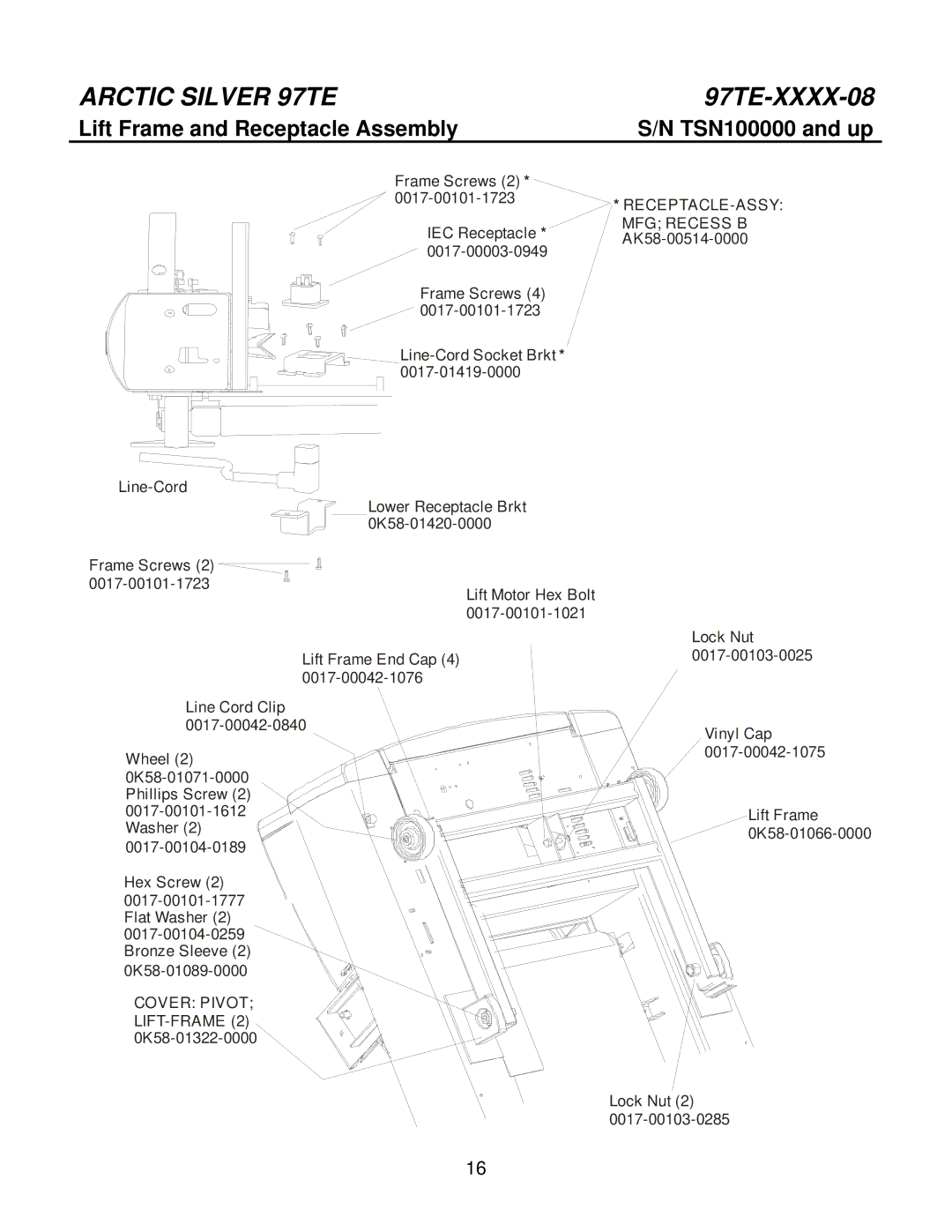 Life Fitness 97TE-XXXX-08 manual Lift Frame and Receptacle Assembly, RECEPTACLE-ASSY MFG Recess B AK58-00514-0000 