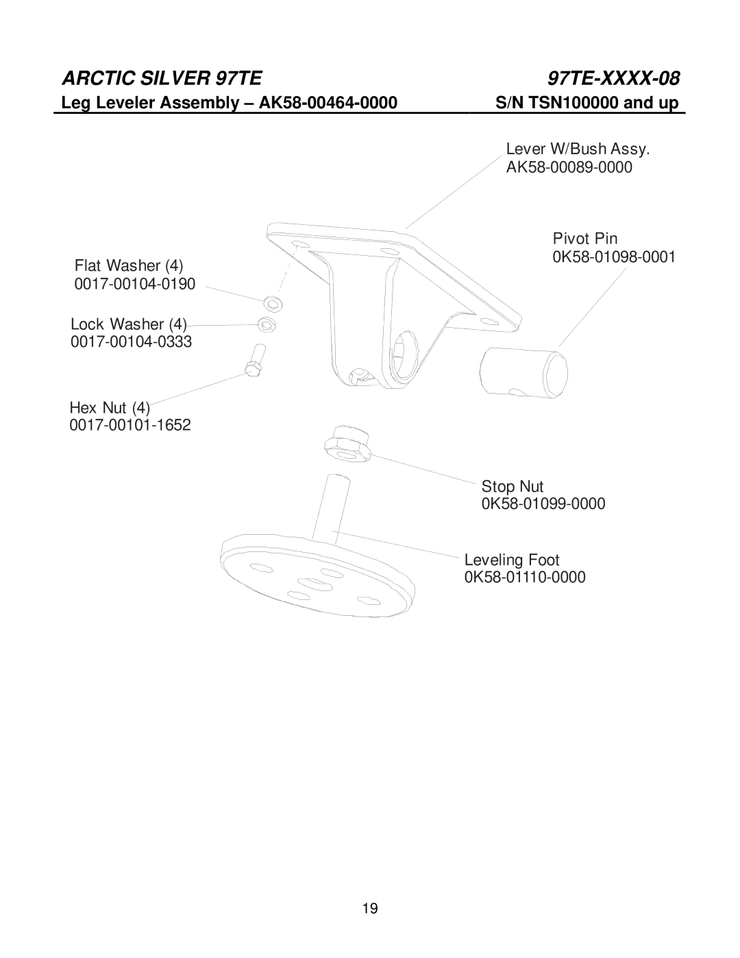 Life Fitness 97TE-XXXX-08 manual Leg Leveler Assembly AK58-00464-0000, TSN100000 and up 