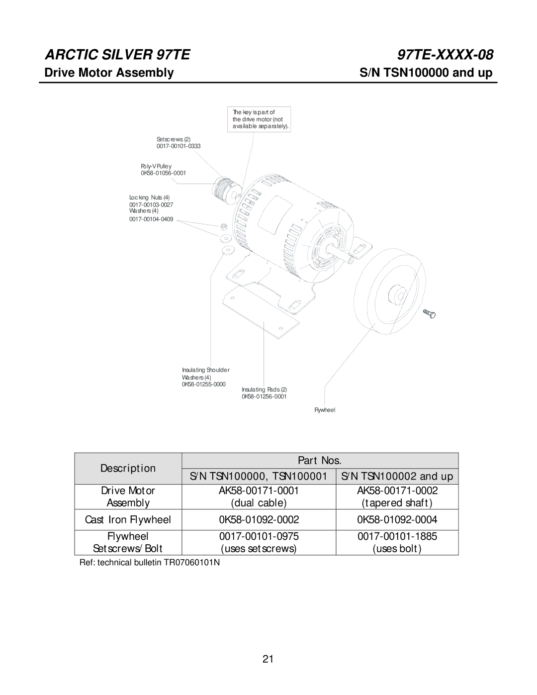 Life Fitness 97TE-XXXX-08 manual Drive Motor Assembly, Description Part Nos TSN100000, TSN100001 TSN100002 and up 