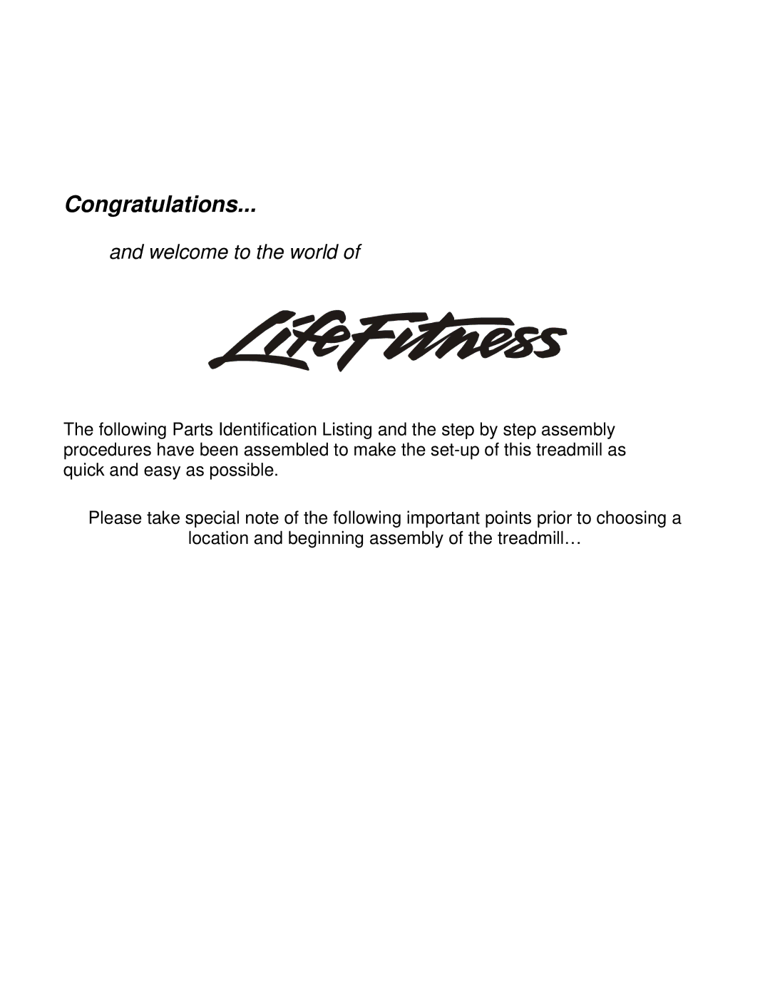 Life Fitness 97TE manual Congratulations 