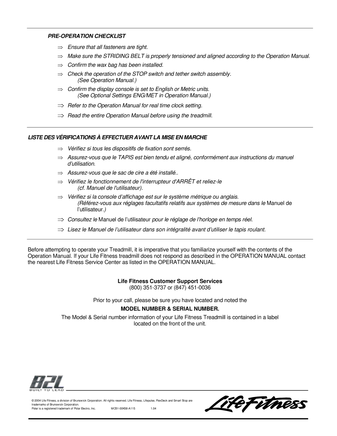 Life Fitness 97TE manual PRE-OPERATION Checklist 