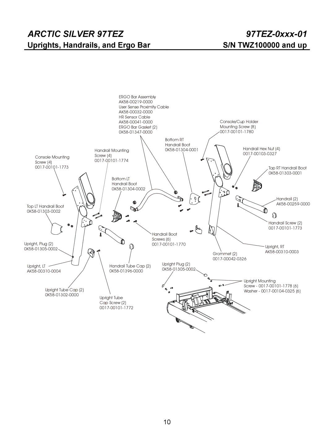 Life Fitness 97TEZ manual Uprights, Handrails, and Ergo Bar 