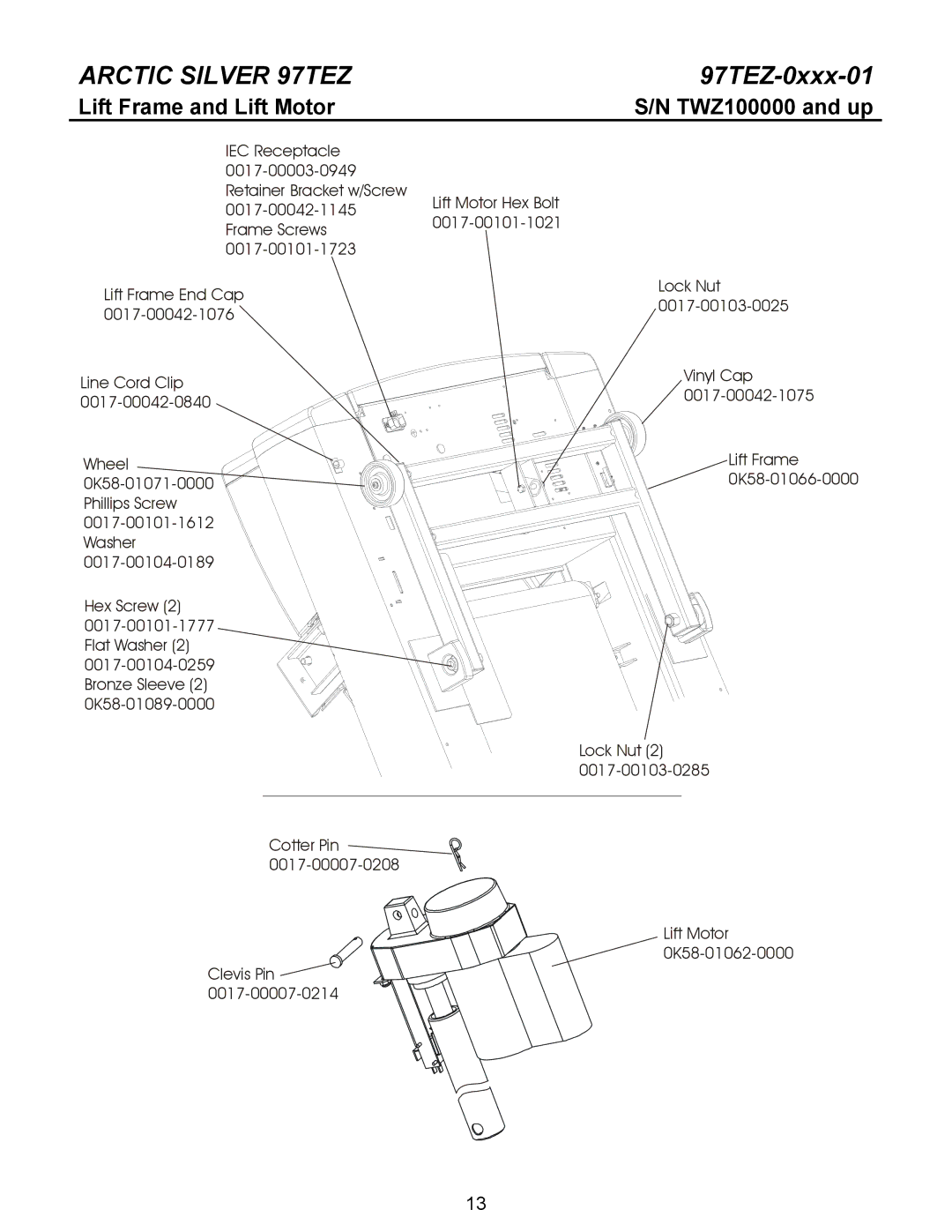 Life Fitness 97TEZ manual Lift Frame and Lift Motor TWZ100000 and up 