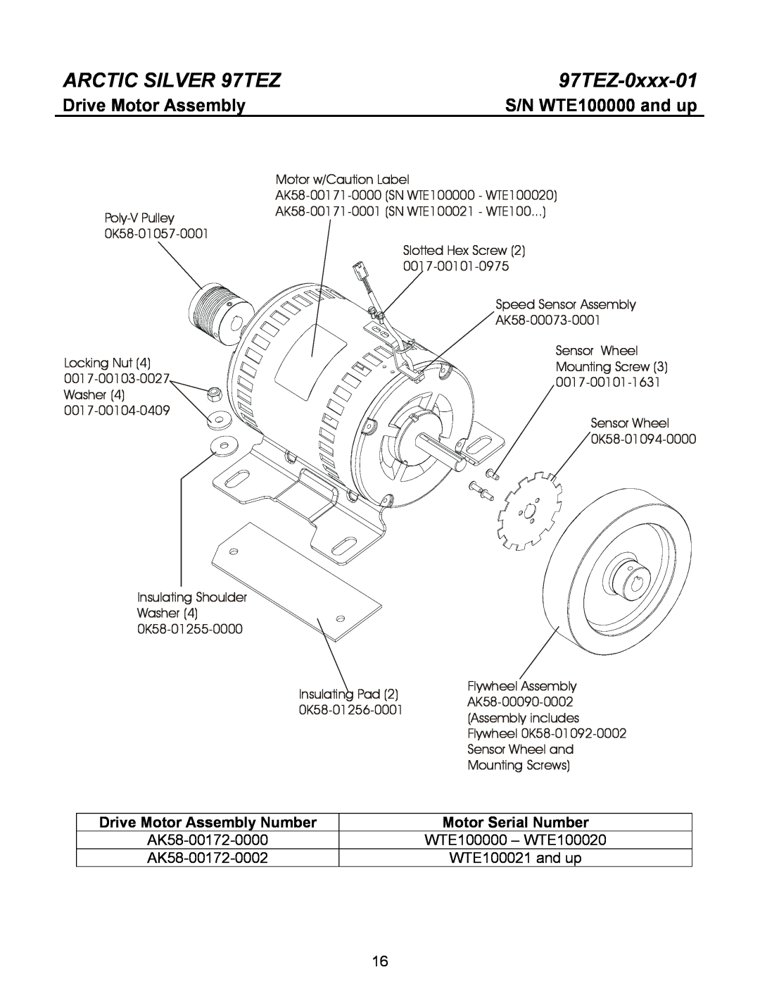 Life Fitness manual Drive Motor Assembly, S/N WTE100000 and up, ARCTIC SILVER 97TEZ, 97TEZ-0xxx-01, AK58-00172-0000 