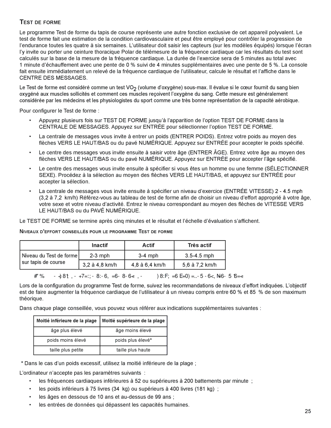 Life Fitness 97Ti manuel dutilisation Centre DES Messages, Inactif Actif Très actif 