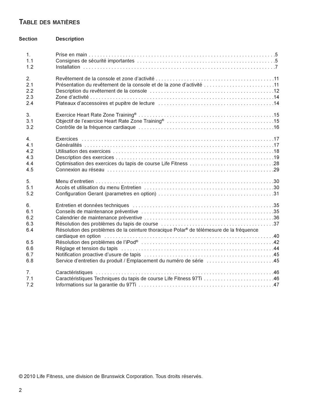 Life Fitness 97Ti manuel dutilisation Table des maTières, Section description 