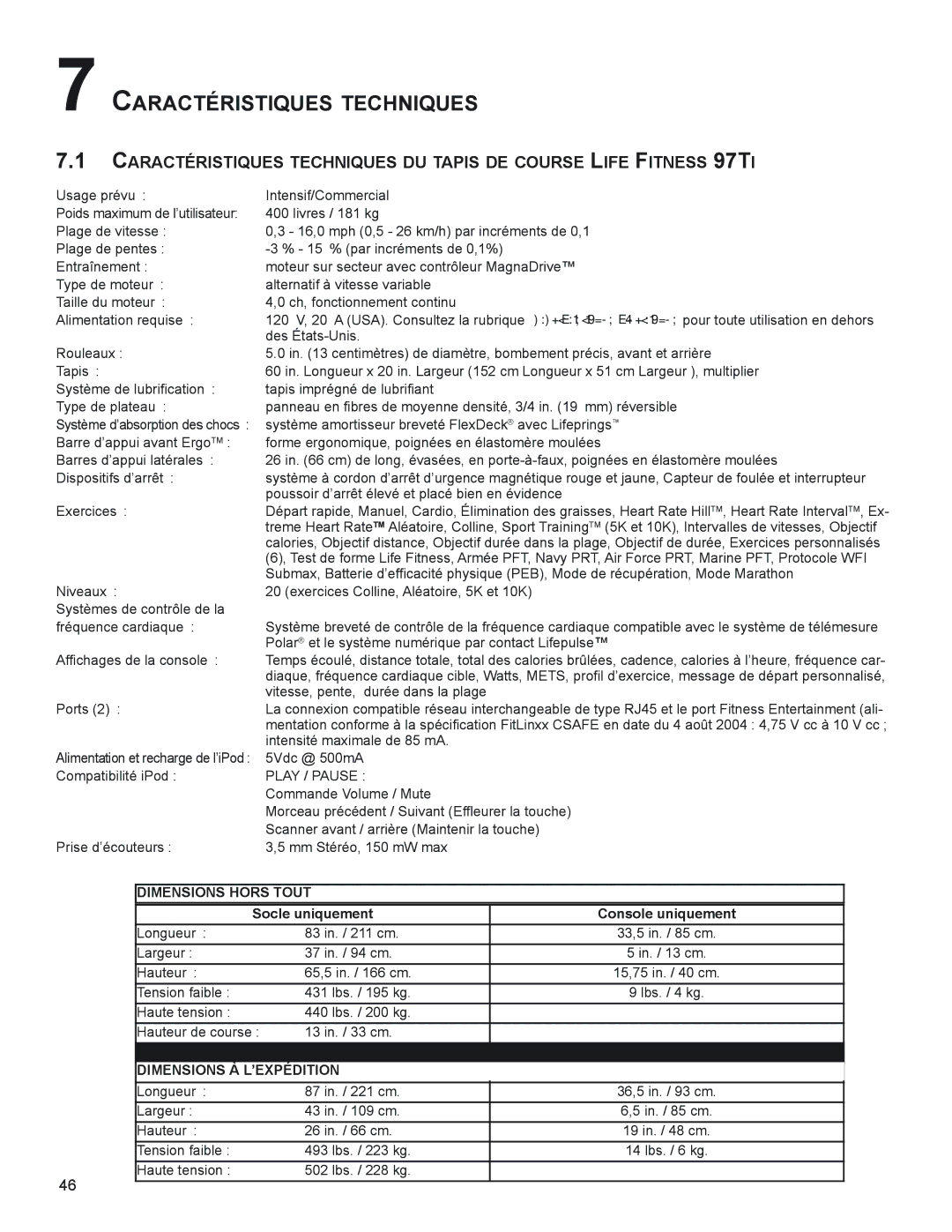 Life Fitness 97Ti manuel dutilisation CaraCTérisTiqUes TeChNiqUes, DimeNsioNs hors ToUT Socle uniquement Console uniquement 