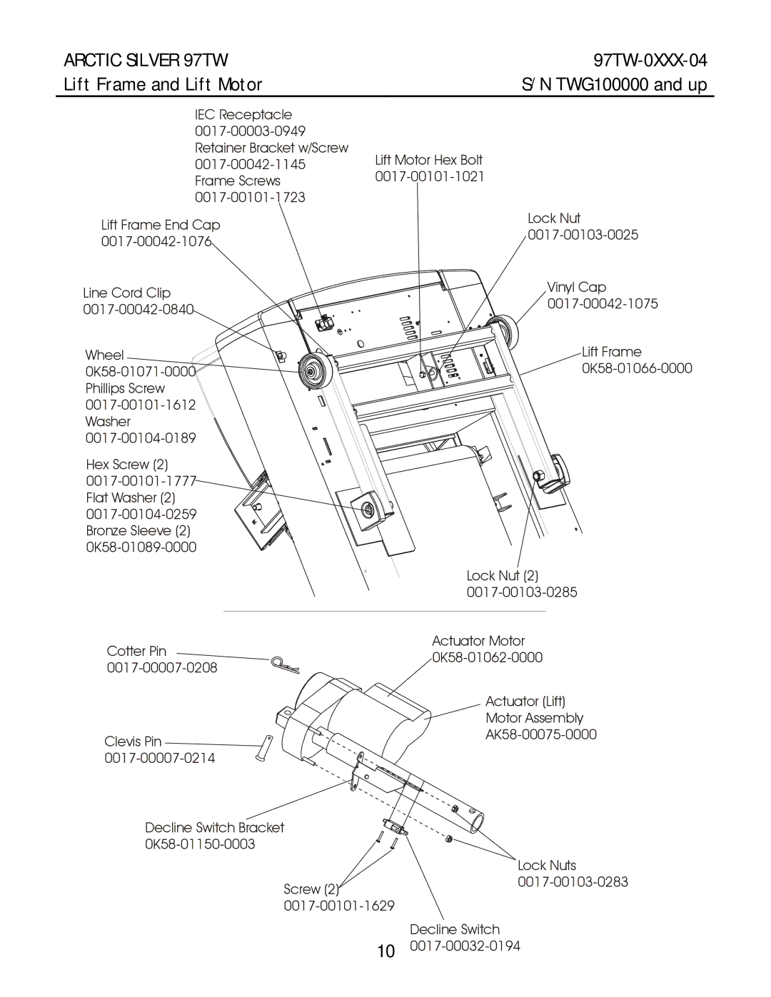 Life Fitness 97TW manual Lift Frame and Lift Motor 