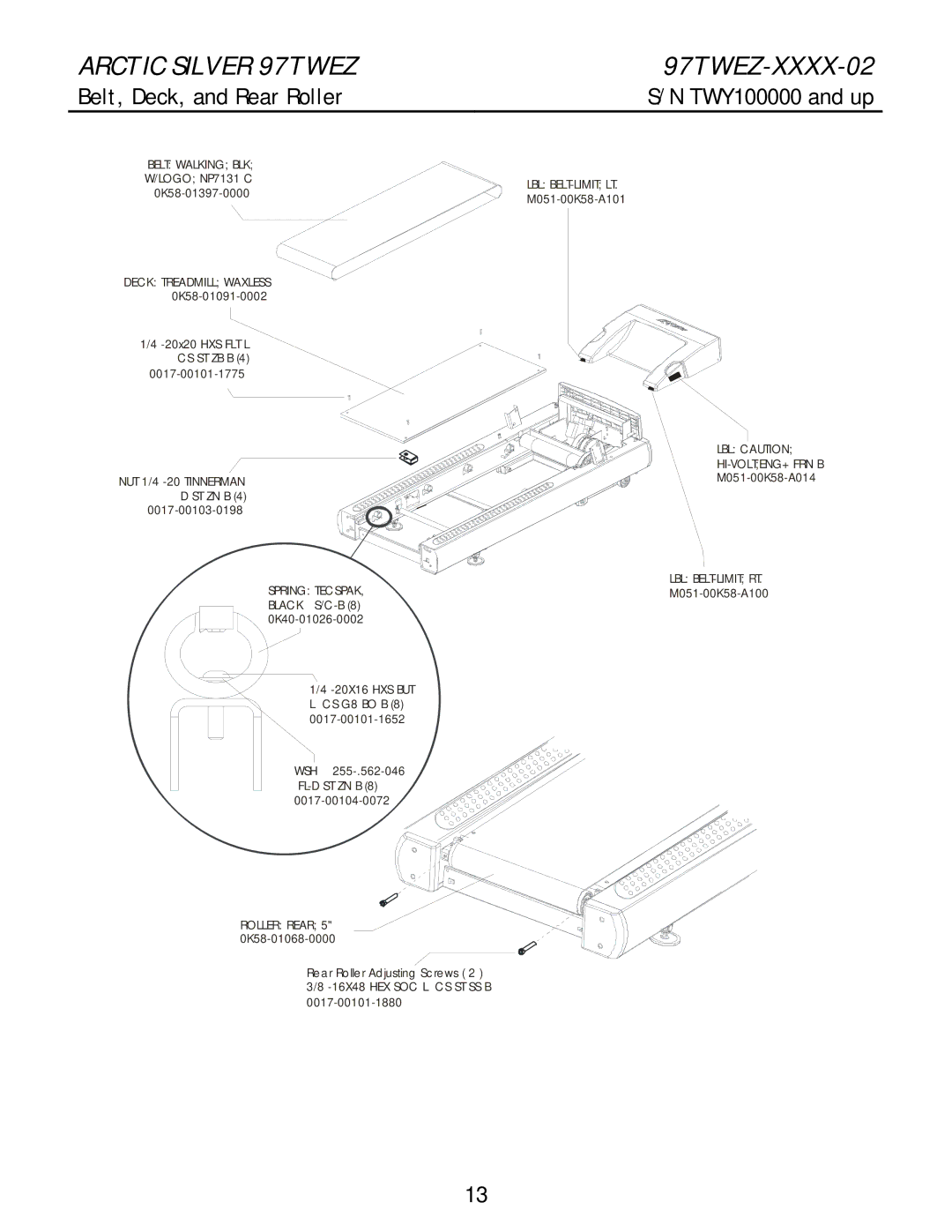 Life Fitness 97twez manual Belt, Deck, and Rear Roller, WSH 255-.562-046 FL-D ST ZN B 8 