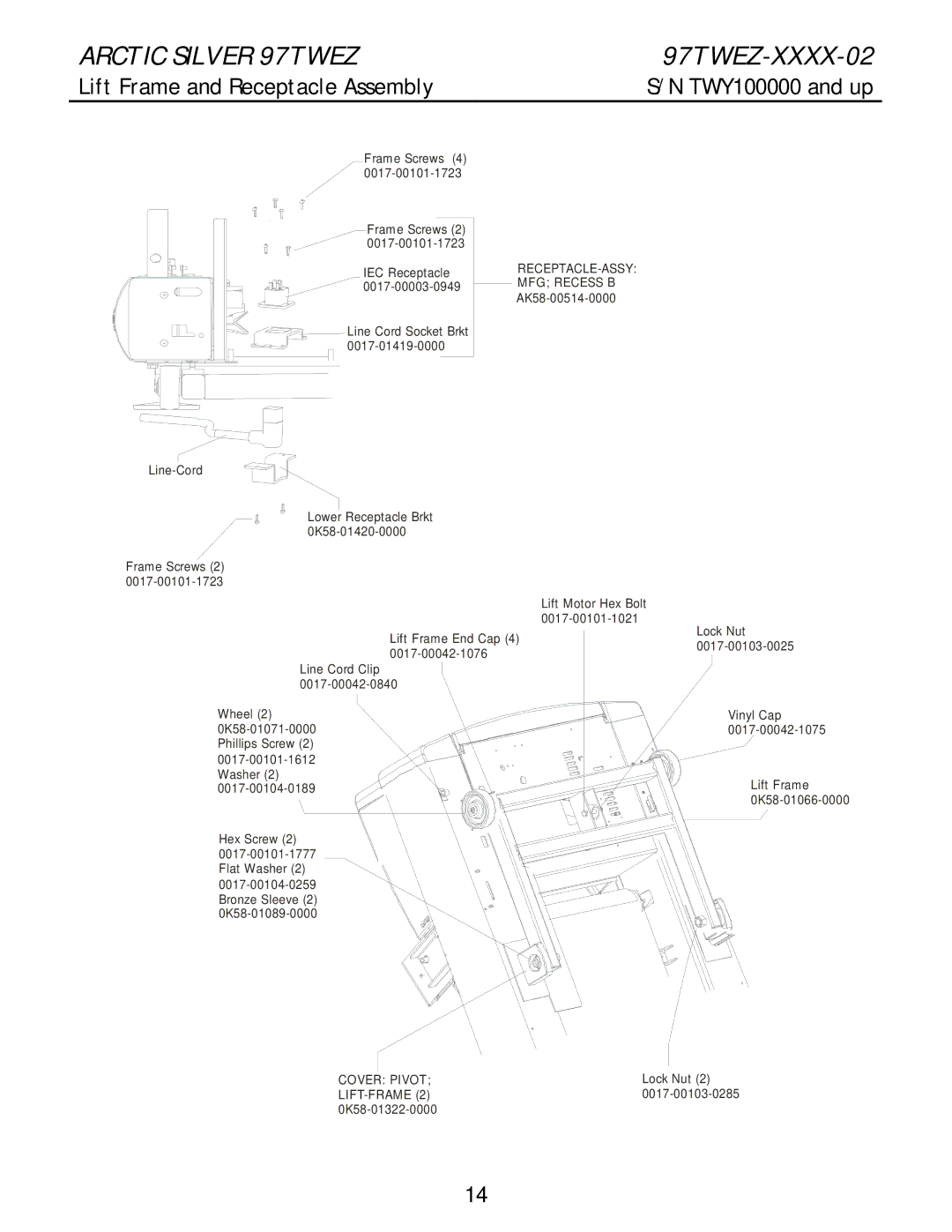 Life Fitness 97twez manual Lift Frame and Receptacle Assembly, MFG Recess B 